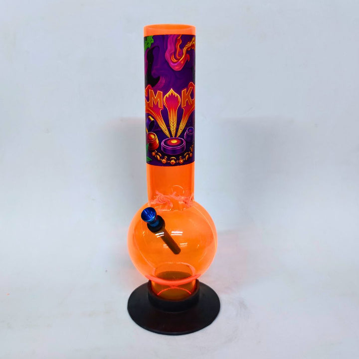Orange plastic bong with colorful label on a white background