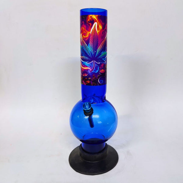 Colorful plastic bong with a cannabis leaf design on a white background