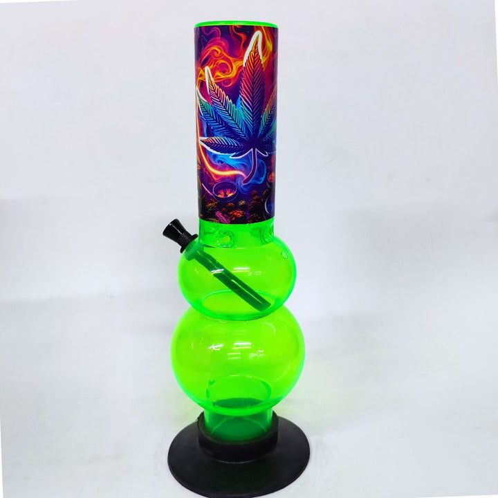 Green plastic bong with colorful leaf design on a white background