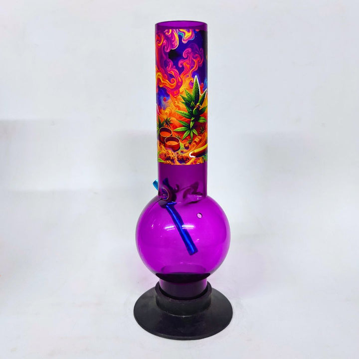Plastic bong with a vibrant design on a white background