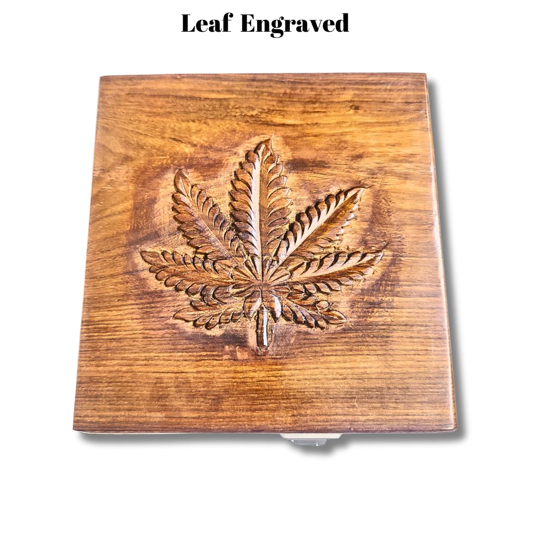 Wooden Leaf Engraved Stashbox with Lock