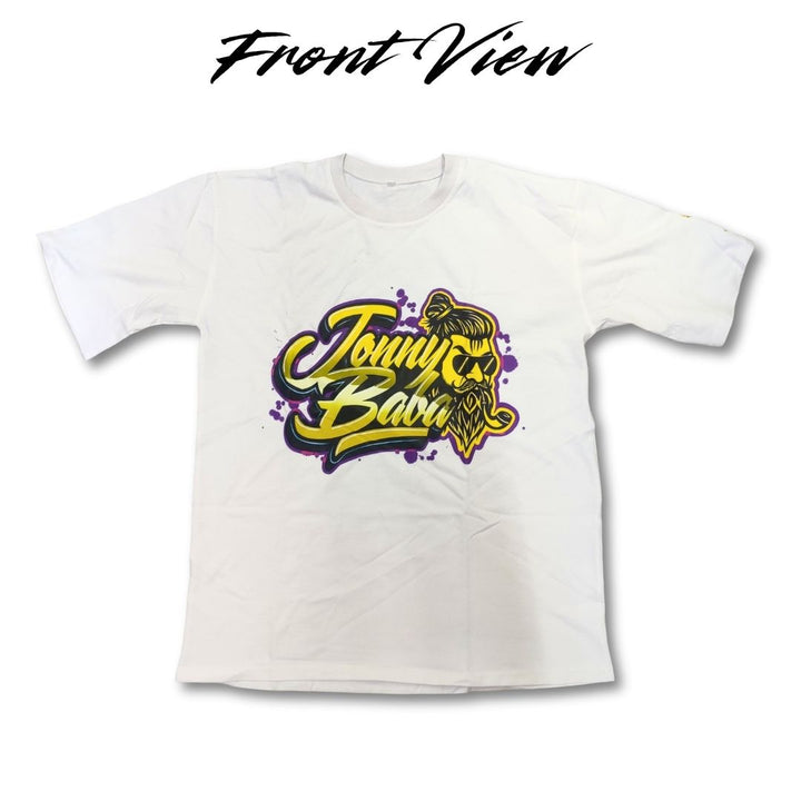 White t-shirt with colorful graphic design on a white background