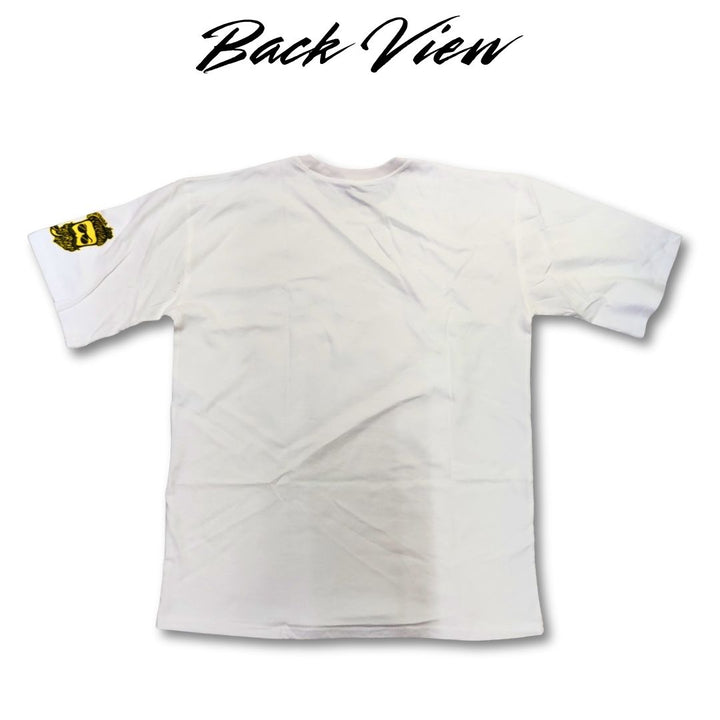 White shirt with a gold emblem on the sleeve, shown from the back view.