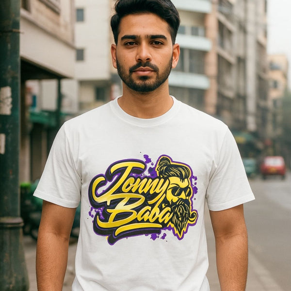 Man wearing a white t-shirt with 'jonny Baba' design on a city street