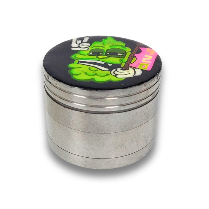 Metallic grinder with colorful cartoon design on a white background