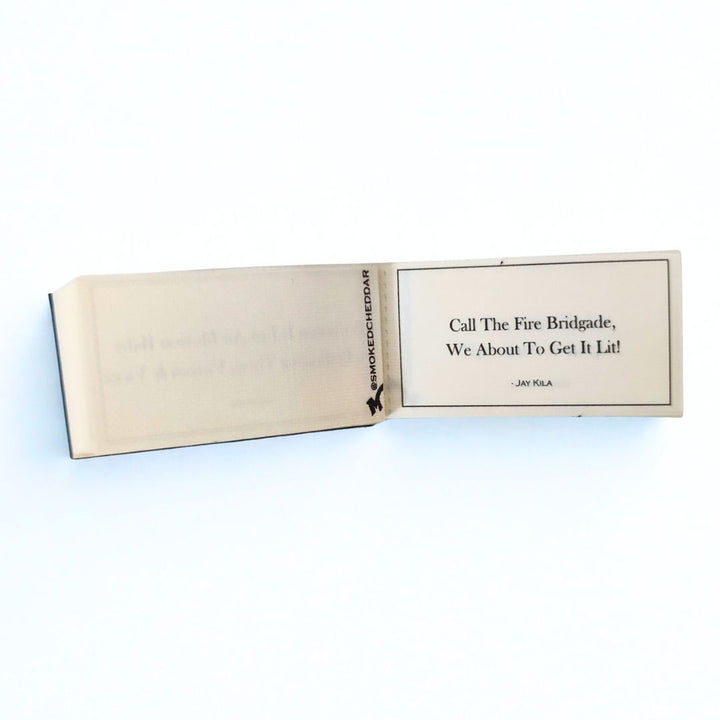 smoked cheddar roachbook with quote on a white background