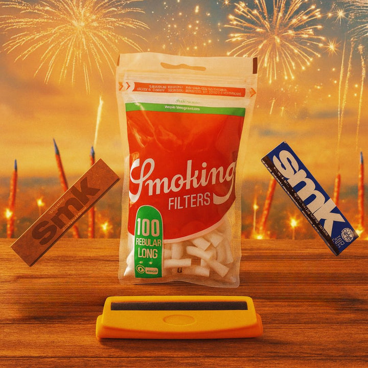 Smoking 22x8mm filters with a yellow cigarette rolling machine with a fireworks background