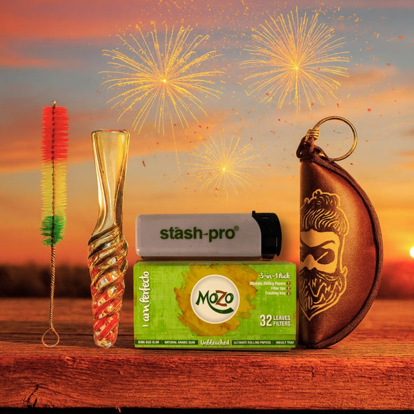 Rasta one hitter glass pipe kit with fireworks in the background
