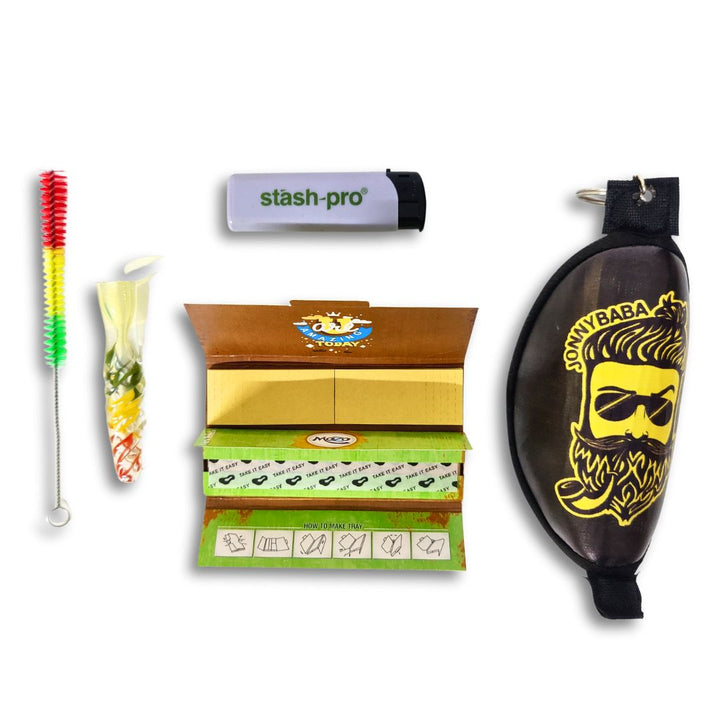 mozo brown with tips, glass one hitter, crushing pouch and a lighter on a white background.