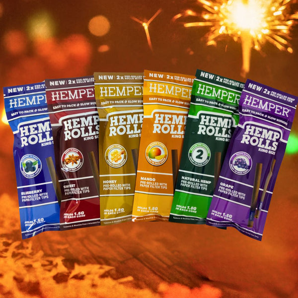 Hemper rolls in 6 Flavours on a festive background with fireworks.
