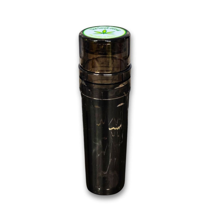 Black cylindrical grinder cone filler container with a green label on a white background