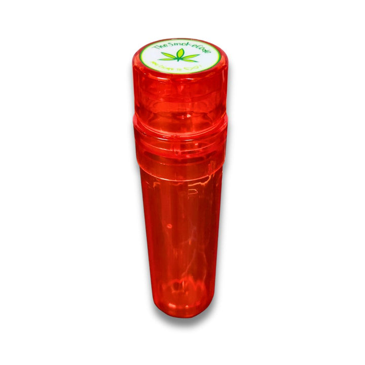 Red plastic crusher storage  container with a green and white label on a white background