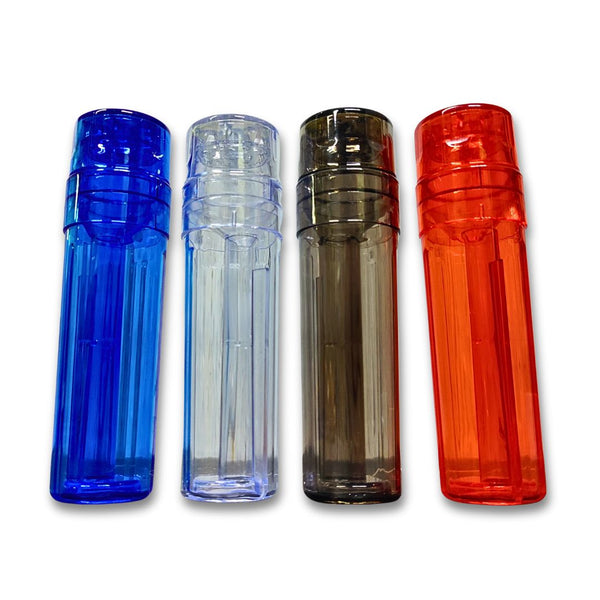 Four transparent plastic Grinders in blue, clear, brown, and red on a white background