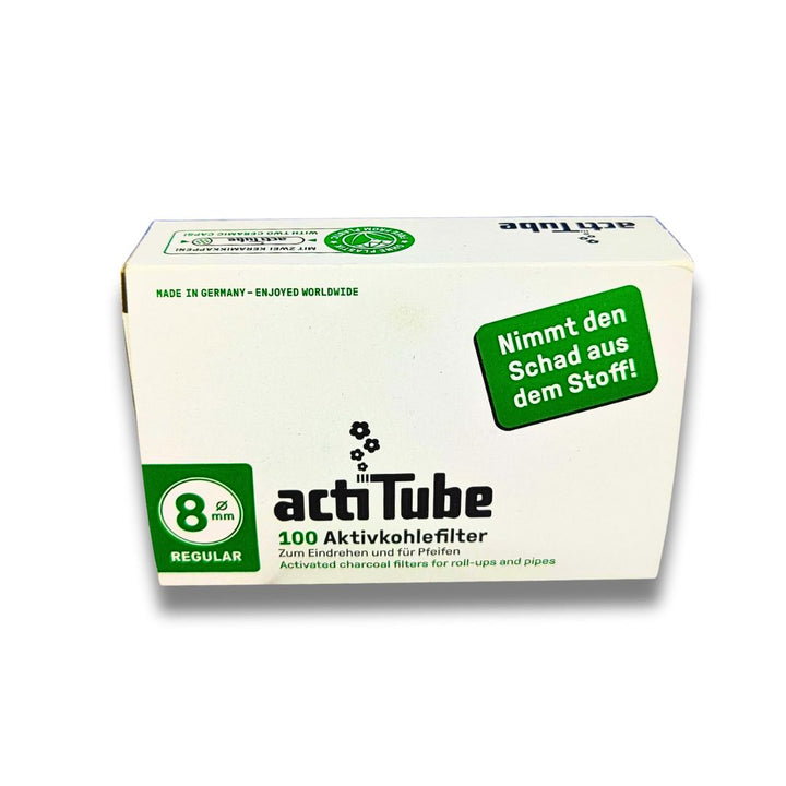 Box of actiTube activated charcoal filters on a white background
