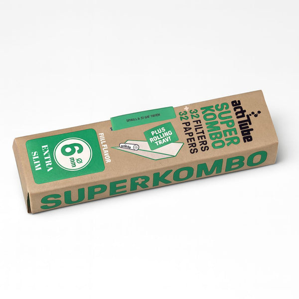 Actitube Superkombo rolling paper packaging with green labels on a white background