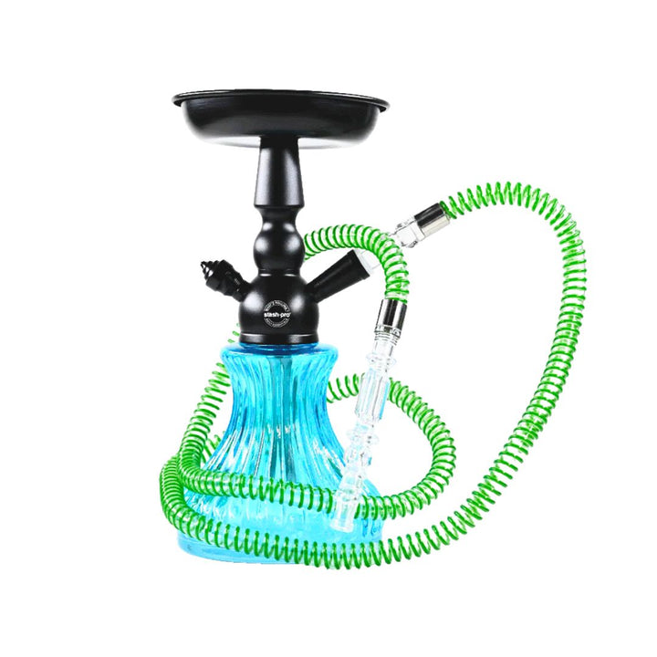 Hookah with black bowl, blue base, and green hose on a white background