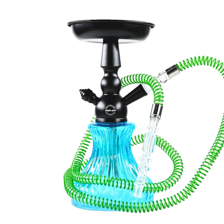 Shisha with black bowl, blue chamber, and green hose on a white background
