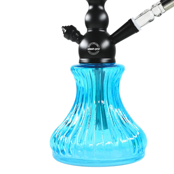 Blue glass hookah with black and silver accents on a white background