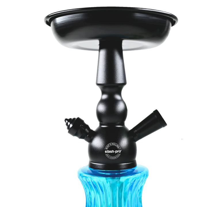 Black and blue hookah with 'stash pro' branding on a white background