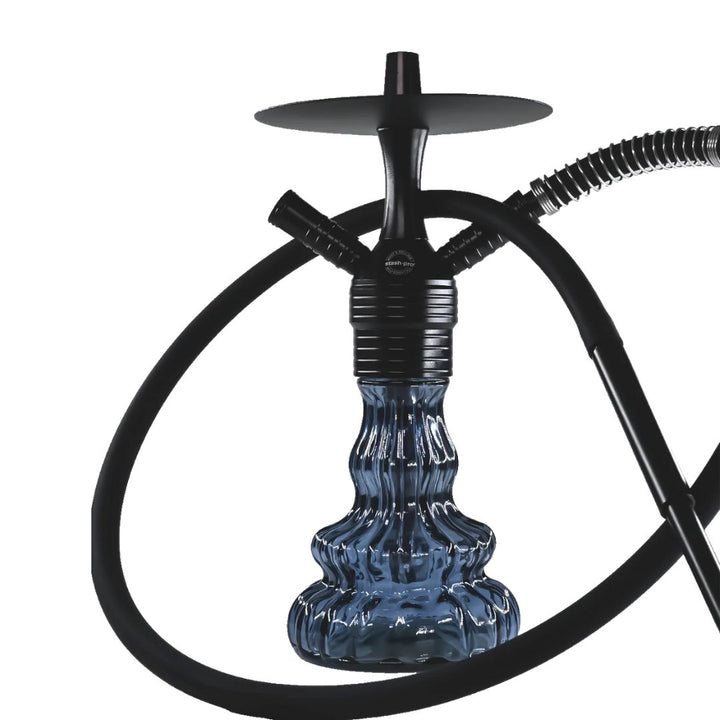 Blue hookah with black hose on a white background