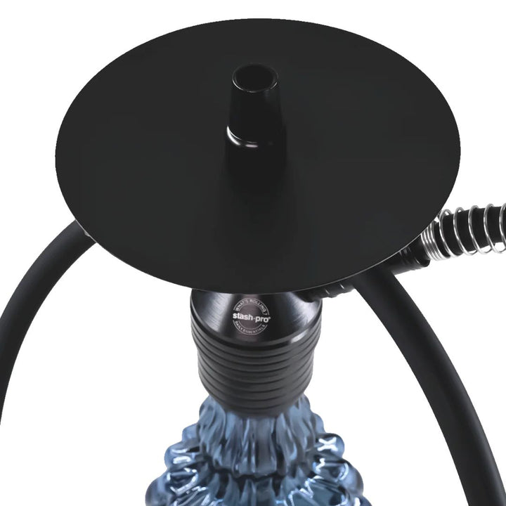 Close-up of a hookah with a black bowl and blue base on a white background