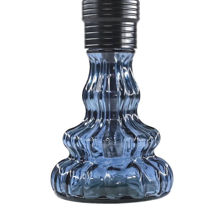 Blue textured water bottle with black cap on a white background