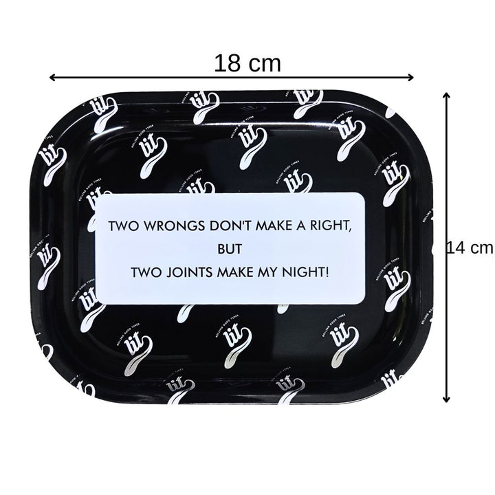 Black tray with white text and dimensions on a white background