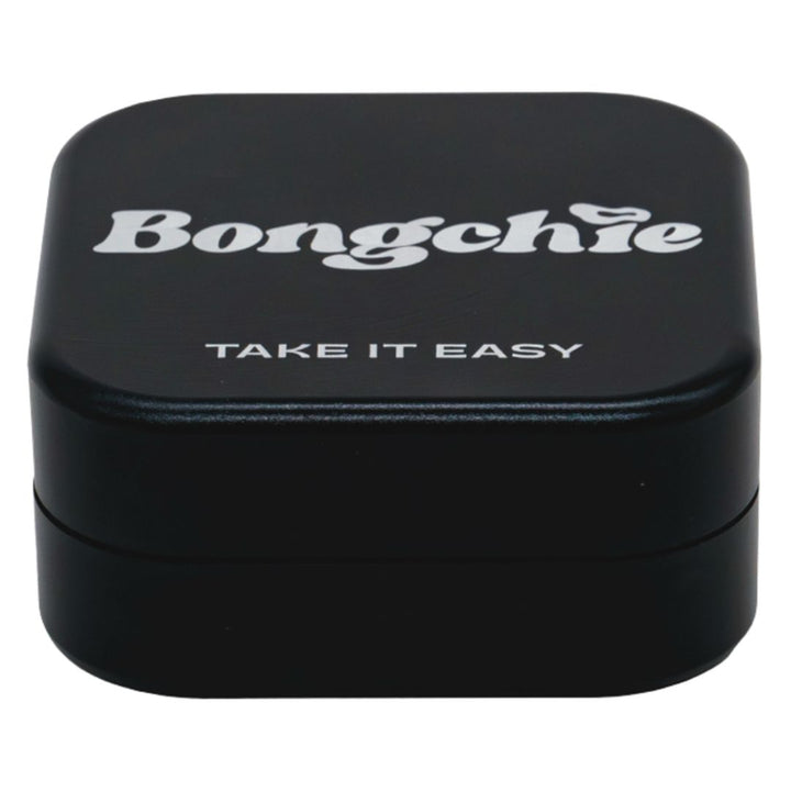 Black Herb Grinder with 'Bongchie' and 'Take It Easy' text on a white background