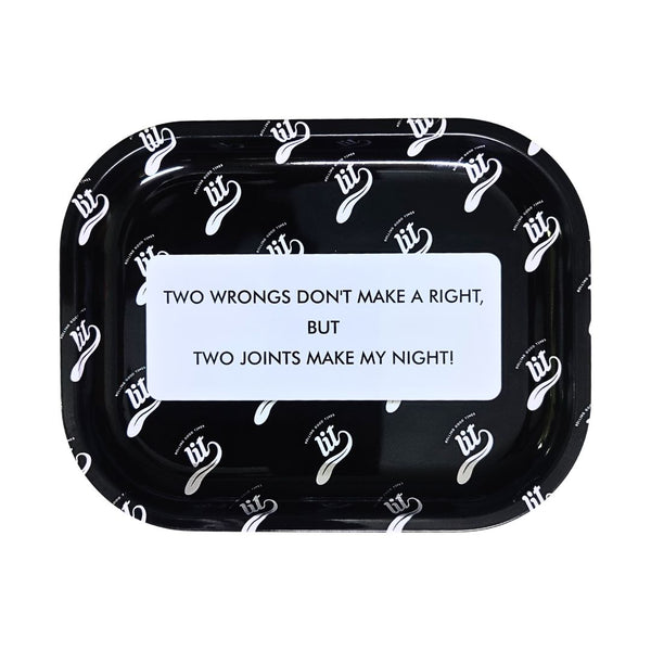 Black rolling tray with white text and logo on a white background