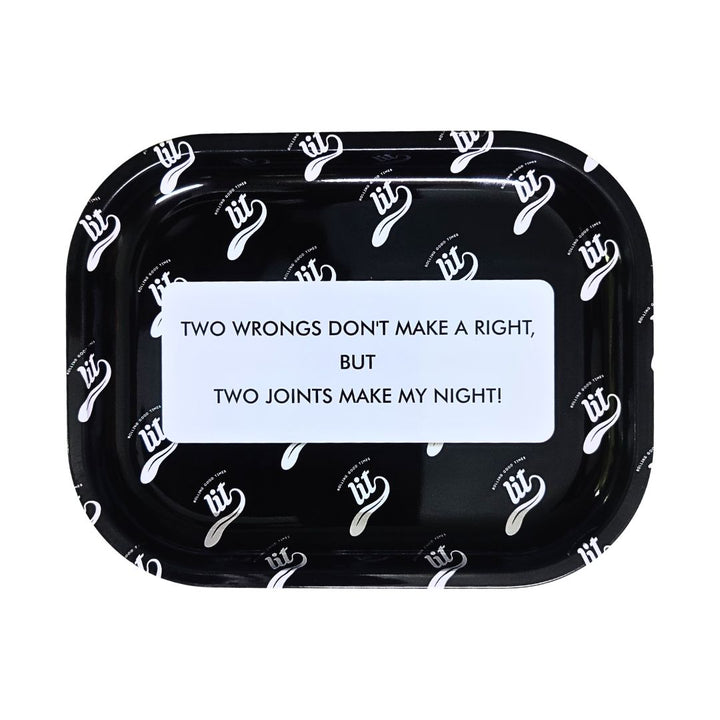 Black rolling tray with white text and logo on a white background