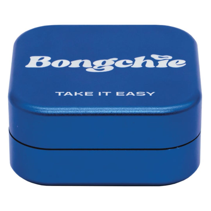Blue weed grinder with 'Bongchie' and 'Take It Easy' text on a white background