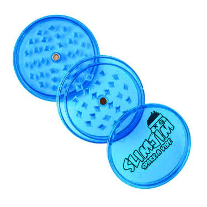 Blue plastic grinder with 'Slymation' branding on a white background