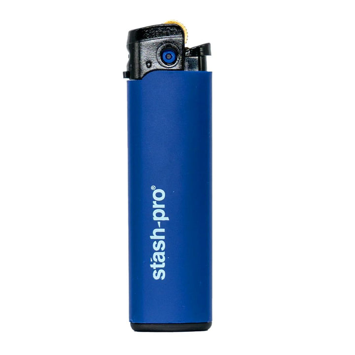 Blue lighter with 'stash-pro' branding on a white background