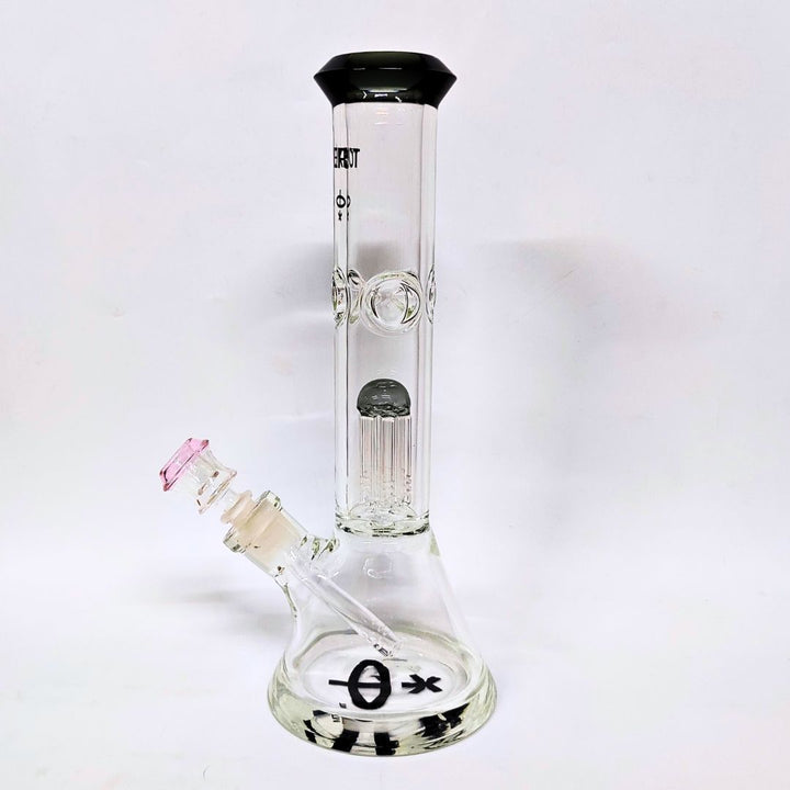 Clear glass water bong with black and pink accents on a white background