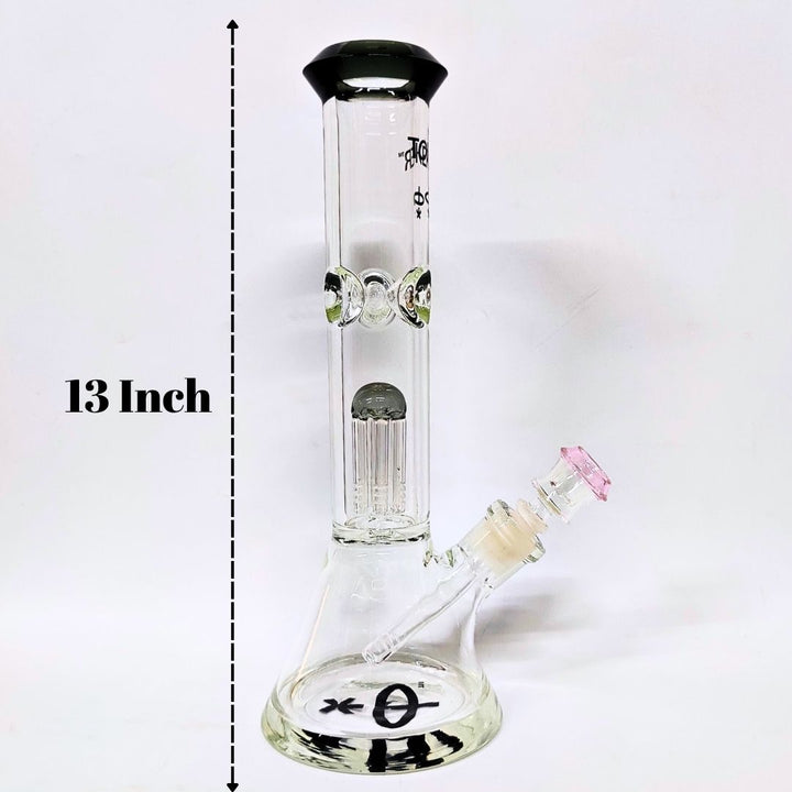 Glass water bong with measurement label on a white background