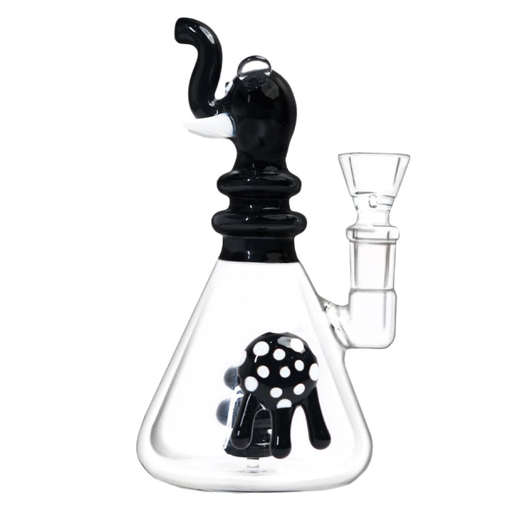Glass smoking bong with black elephant-shaped piece on a white background