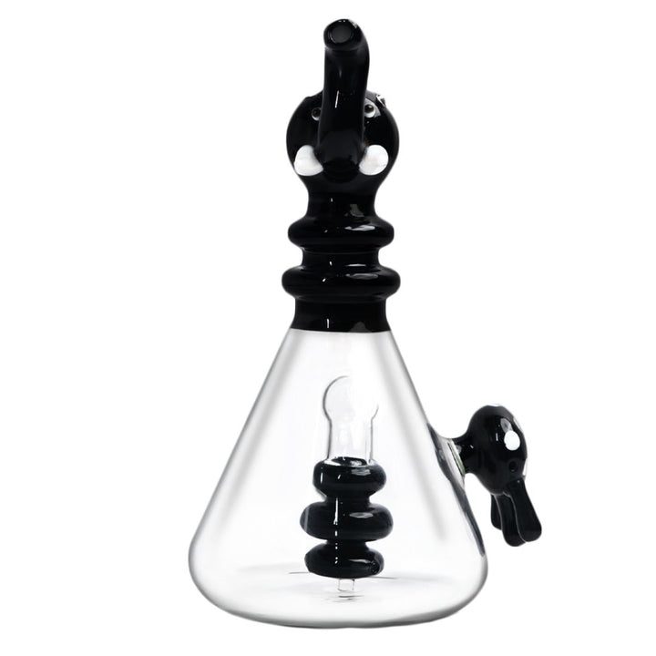 Clear glass flask bong with black accents on a white background