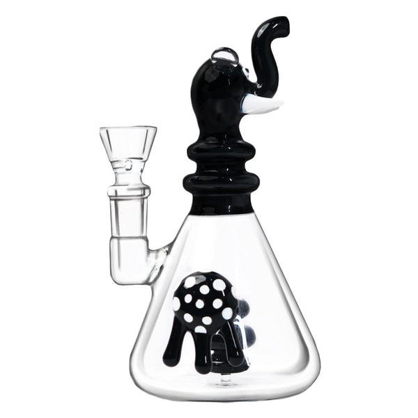 Glass water pipe with elephant design on a white background