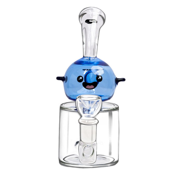 Glass water bong with a blue bubble and face design on a white background