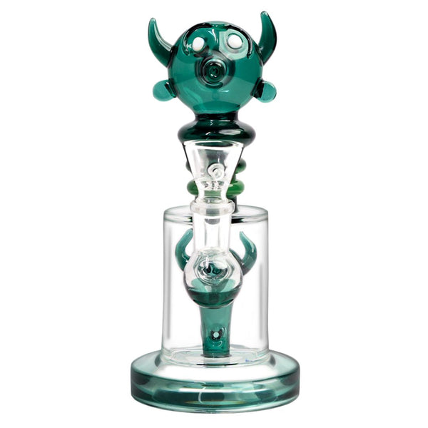 Glass smoking bong with teal and clear design on a white background