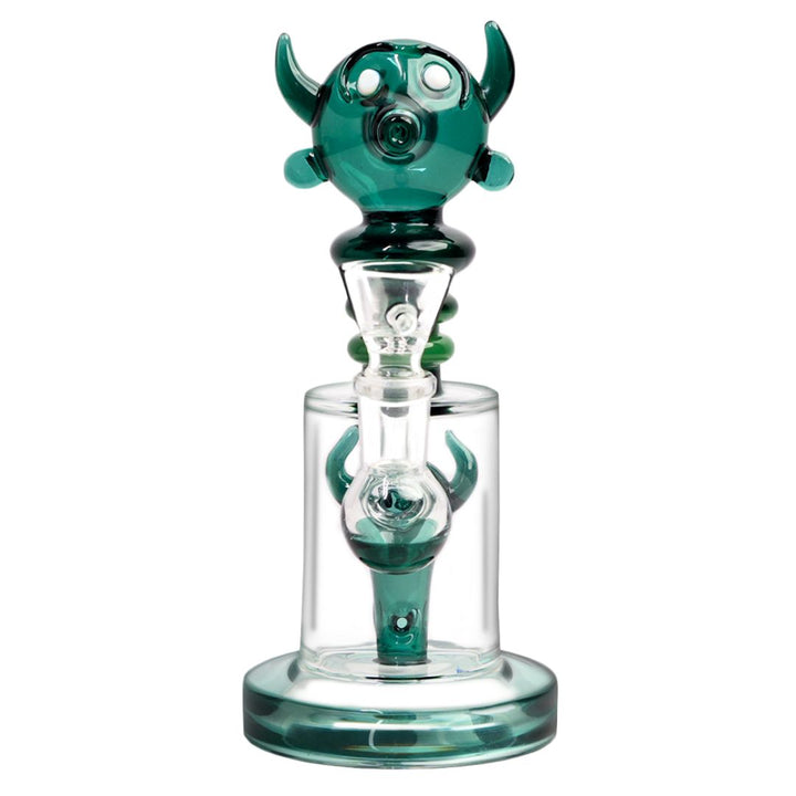 Glass smoking bong with teal and clear design on a white background