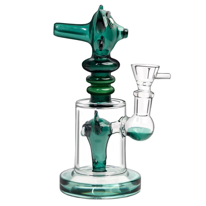 Glass smoking bong with green and clear components on a white background