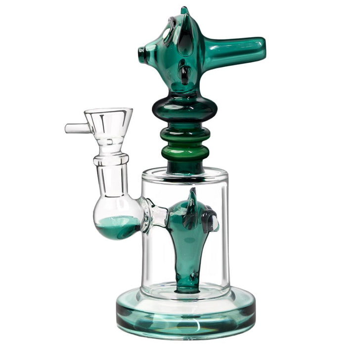 Glass smoking bong with green and clear components on a white background