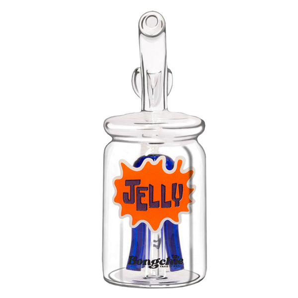 Clear glass jelly jar bong with orange label and blue jelly inside on a white background