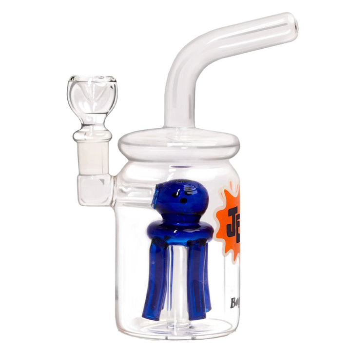 Clear glass water bong with blue stopper and orange logo on a white background
