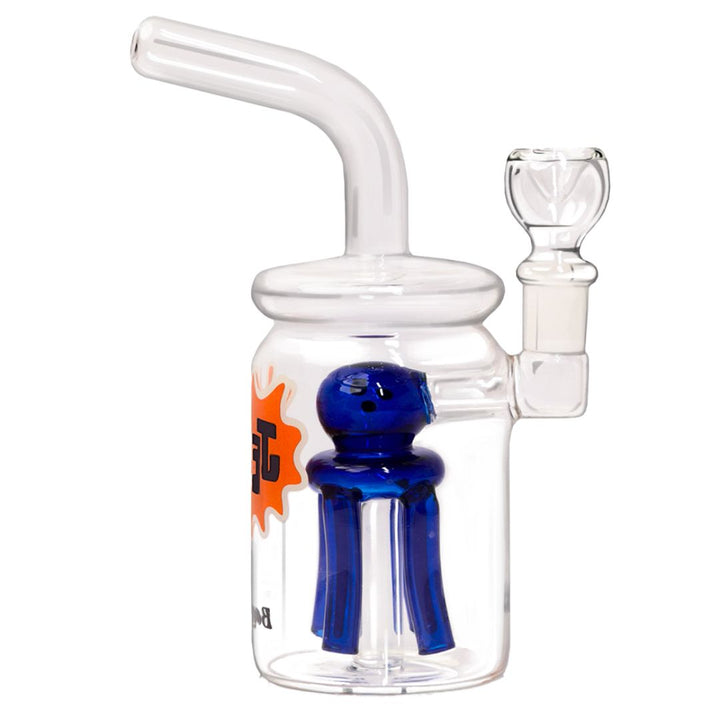 Clear glass water bong with blue accent and visible brand logo on a white background