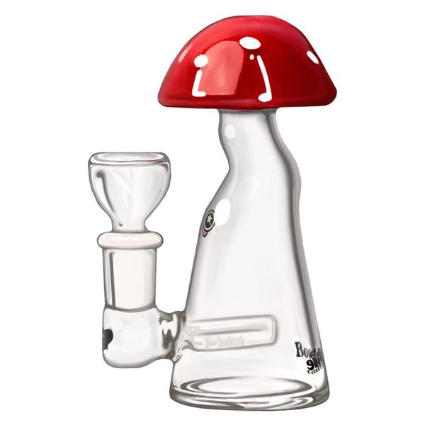 Glass smoking bong with red mushroom cap on a white background