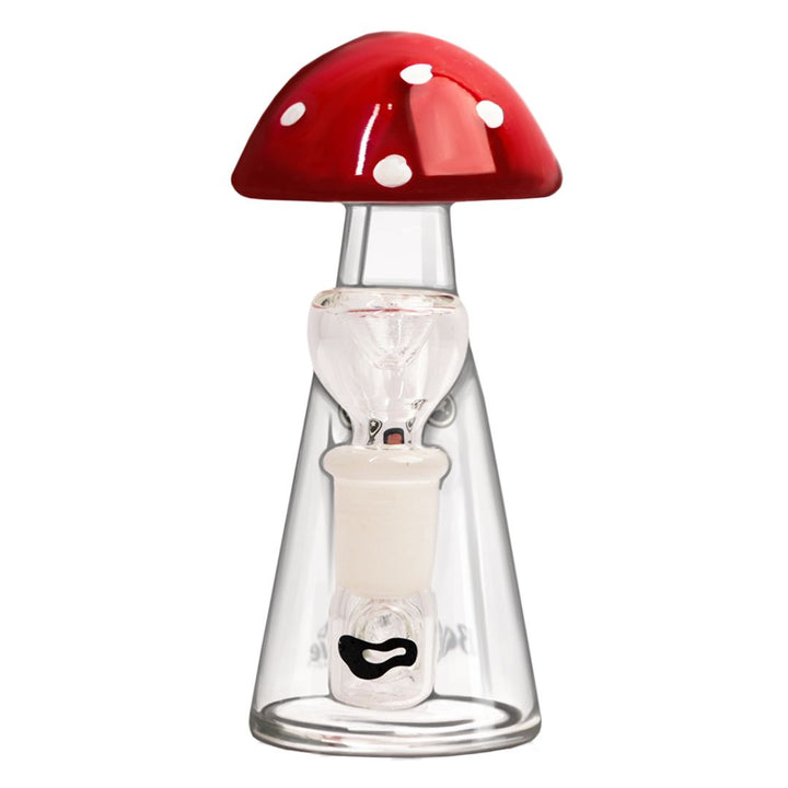 Mushroom-shaped bong with red cap and clear base on a white background