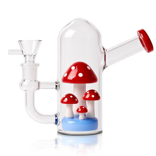 Glass smoking bong with red and white mushroom decorations on a white background