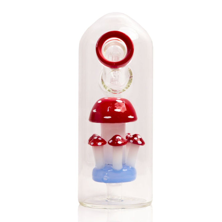 Decorative glass bongs with red mushroom design on a white background